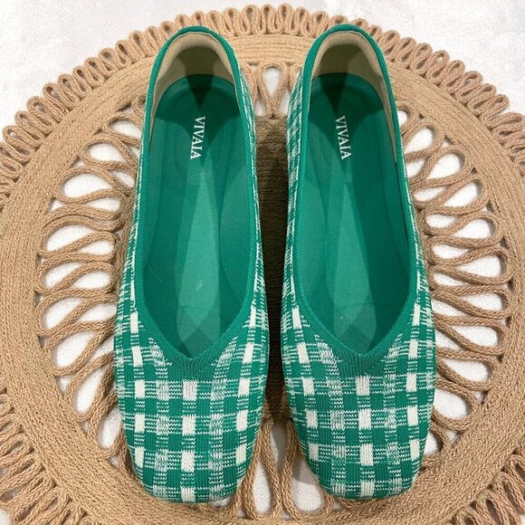 Vivaia Square-Toe V-Cut Flats (Margot 2.0) Green Gingham Size EU 39.5 - Picture 3 of 10